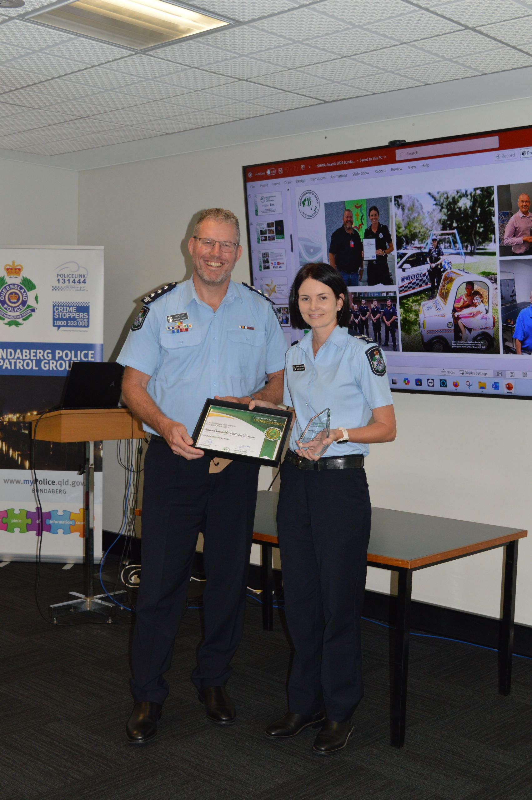 Inspector Ben Wiltshire, QPS Gladstone with Senior Constable Brittany Duncan, QPS Bundaberg District, NHWA 2024 Police Commissioners Award Recipient