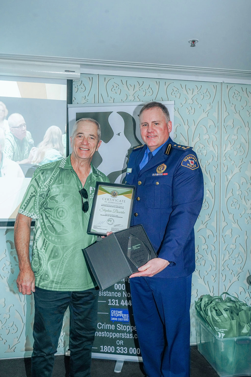 2023 NHWA Malcolm Grant OAM Volunteer of the Year Award Runner Up Stephen Bourke and Commander Doug Oosterloo TASPOL